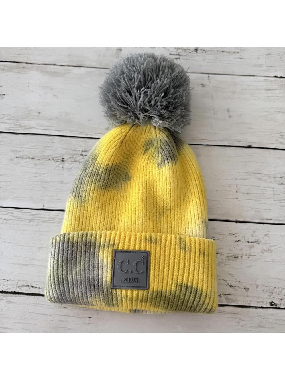 C.C Kids Yellow Gray Tie Dye Pom Beanie Winter Hat Soft Stretch Knit
